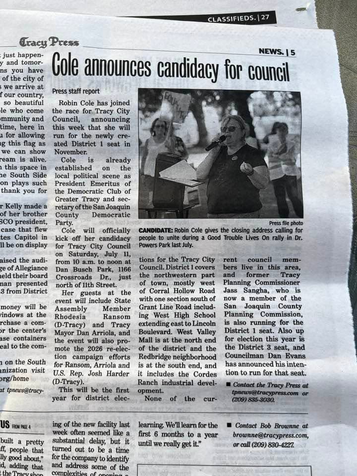 Tracy Press newspaper article announcing Robin Cole's campaign for Tracy City Council.